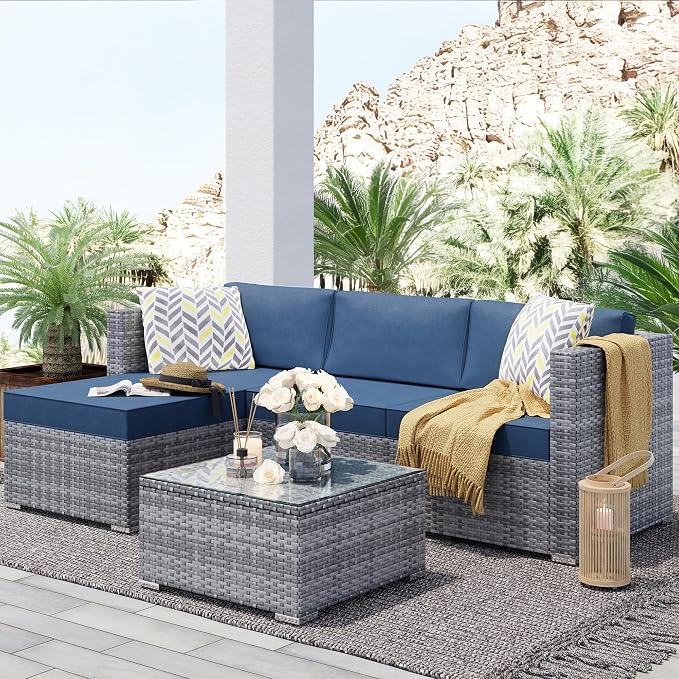 SUNLEI 3-Piece Patio Sectional Sofa, Patio Furniture Set with Cushions, All Weather Outdoor PE Wicker Patio Conversation Sofa Set with Glass Coffee Table & Ottoman, Silver Rattan/Aegean Blue