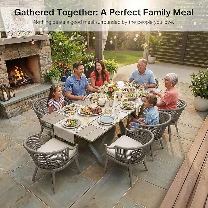 PURPLE LEAF 9 Pieces Outdoor Dining Set All Weather Wicker Patio Dining Set with Rectangular Aluminum Table and Modern Armrest Dining Chairs for Garden Deck Backyard Kitchen, Champagne