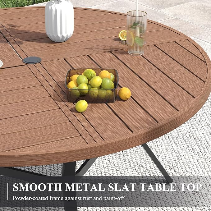 VICLLAX 50" Round Patio Table with Umbrella Hole, All Weather Metal Outdoor Dining Table for 6, Outside Table with Storage Shelf for Lawn Garden, Walnut Wood-Grain Finish