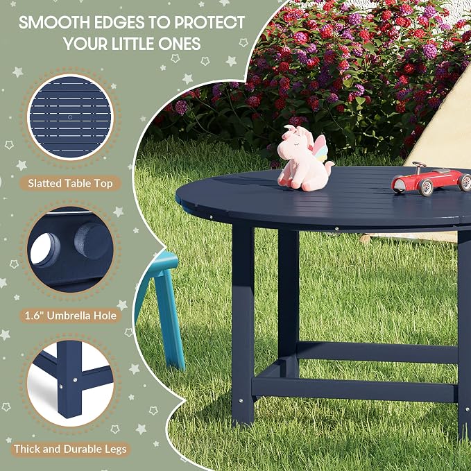 WestinTrends Malibu Kids Outdoor Patio Furniture HDPE 38" Wide Round Dining Table, Navy Blue