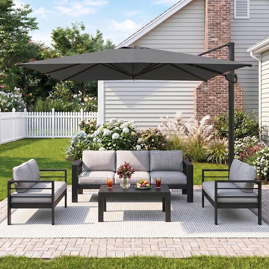Wisteria Lane 5 Pieces Aluminum Patio Furniture Set with Umbrella, All Weather Oversized Outdoor Furniture Set with Deep Seat and Back Cushion, Patio Conversation Sets Wide armrest, Light Gray & Gray