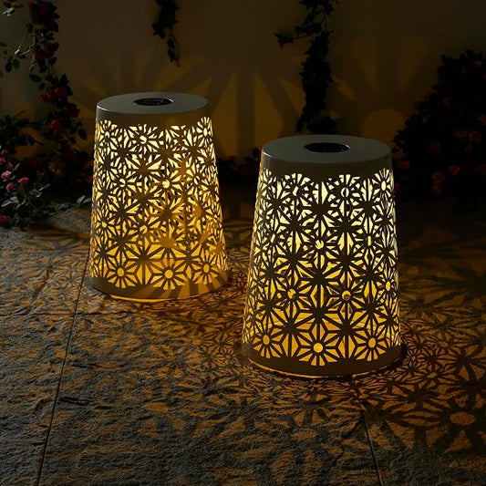 Glitzhome Set of 2 Outdoor Side Table, Iron Cutout Geometric Pattern Solar Powdered Garden Stool, Planter Stand and Solar Lantern for Garden Patio Party Yard Outdoor Indoor Decoration, White