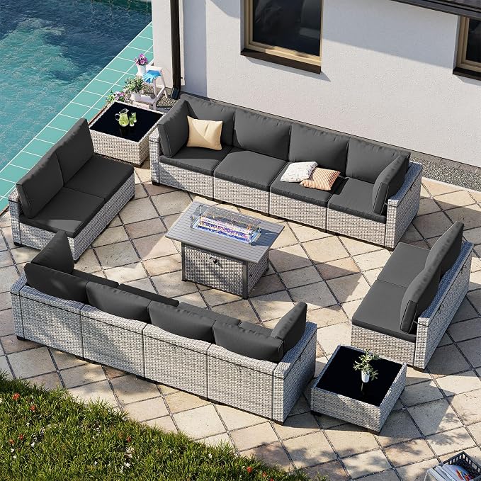 15-Piece Patio Furniture Set, Outdoor Patio Furniture with 55,000 BTU Fire Pit Table, Thick Cushions, Modular Patio Sofa, Dual-Strand Wicker Rattan, Rust-Resistant Frame, Black