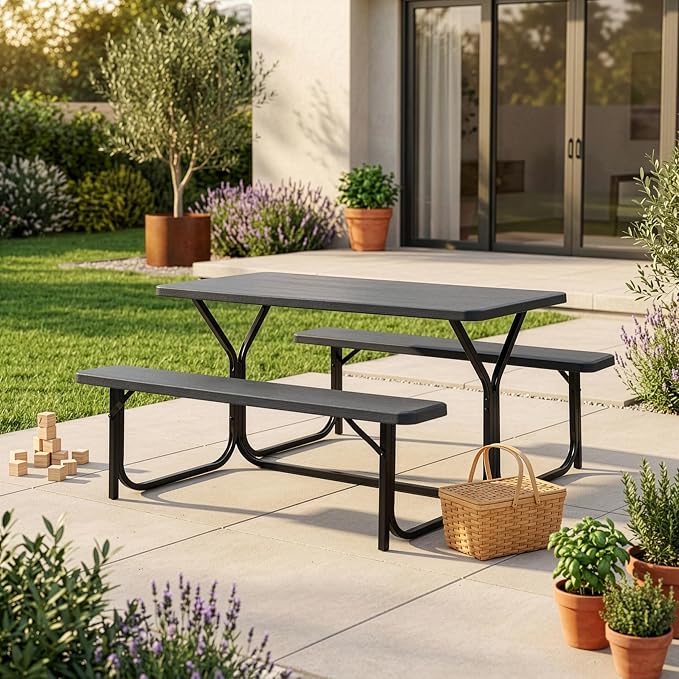 Gray Outdoor Picnic Table Set with Benches, Woodgrain Plastic Patio Dining Table with Metal Frame, Weather-Resistant Picnic Bench Table for Backyard, Patio, Garden, Park, Seats 6