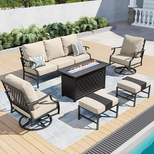 SUNSHINE VALLEY Patio Furniture Set with Firepit Table, Metal Outdoor Patio Furniture, 2 Swivel Chairs, 3 Seater Sofa, 2 Ottomans with 5.75" Extra Thick Cushion and Gas Firepit Table for Backyard Deck