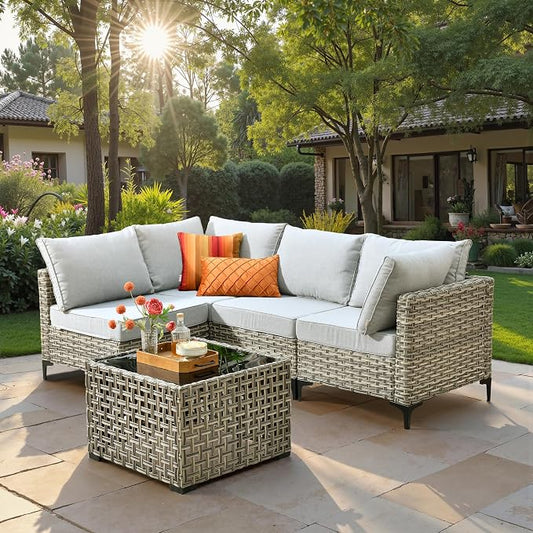 5 Piece Outdoor Patio Furniture with Glowing Coffee Table, Rattan Wicker Conversation Set with Sofa, Sectional Single Chairs for Outside Porch Balcony Backyard Pool,Light Grey