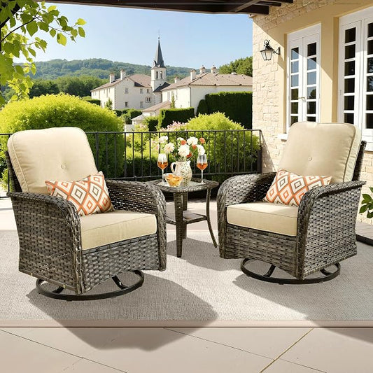 ovios 3-Piece Patio Furniture Set, Outdoor Wicker Sofa with Swivel Chairs, High Back Rattan Gliders Rocker with Comfy Cushions for Porch Yard Deck, Beige
