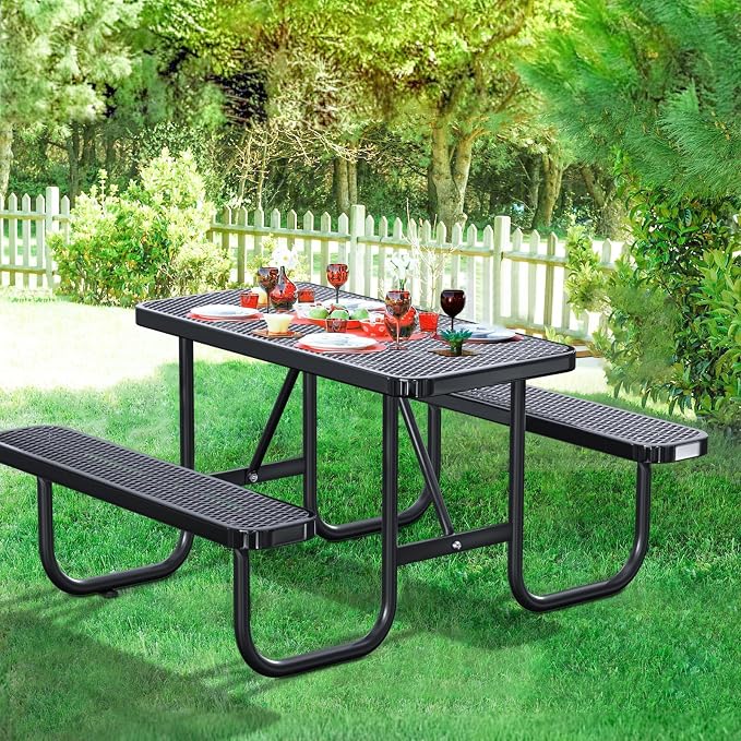 4FT/48IN Heavy Duty Outdoor Picnic Table and 2 Benches for 2-6 People, Weather Resistant Rectangular Steel Picnic Table Set with Umbrella Hole for Yard Patio Lawn Party Black