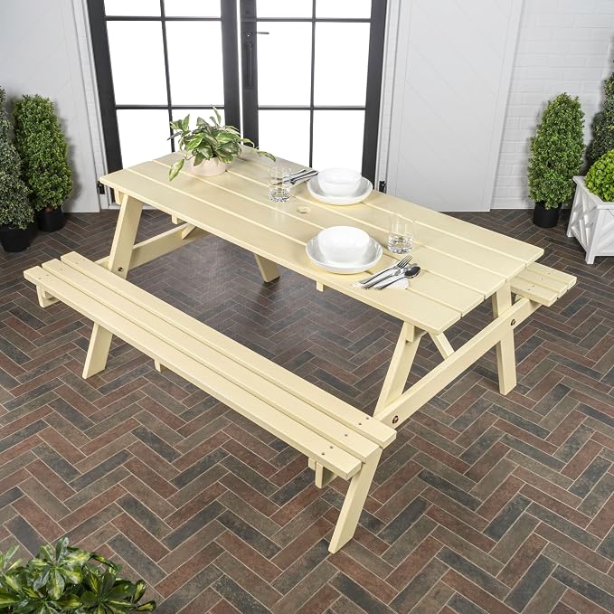 JONATHAN Y Shoreham 59" Eucalyptus Wood Outdoor Picnic Table with Benches for Patio, Rectangular Dining Set with 2" Umbrella Hole, Heavy Duty 700 lbs Capacity, Almond BNH200C