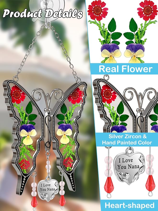 KY&BOSAM Nana Gifts Butterfly Stained Glass Suncatcher Windows Hanging | I Love You Nana Charm Sun Catchers Wind Chimes Ornament,Metal,Pressed Flowers and Glass,Mothers Day Gifts for Nana Christmas