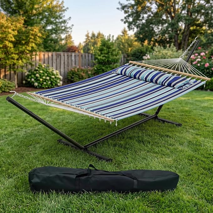 Double Hammock with Stand, Outdoor Freestanding Hammock for Two People, Max 475lbs Capacity, Heavy Duty Steel Frame, Quilted Pillow & Portable Carry Bag, Easy Assembly, Navy Blue Stripes