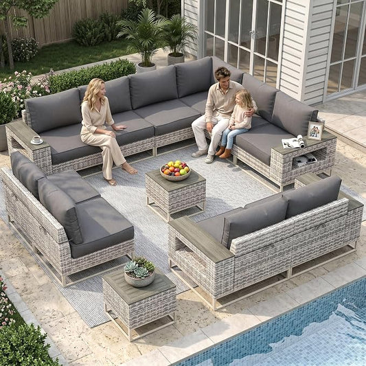 12-Piece Outdoor Patio Furniture Set, Modern PE Wicker Outdoor Sectional Sofa with Storage Armrests & 5.5" Thick Cushions, L-Shaped Couch for Deck, Porch, Backyard, Charcoal Gray