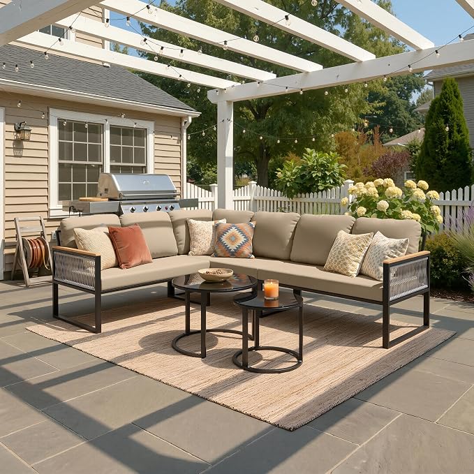 7-Piece L-Shaped Outdoor Sectional Sofa Set with Nesting Table | Hand-Woven PE Wicker, All-Weather Steel Frame, 4.3-Inch Thick Removable Cushions, Glass Coffee Table, Patio Conversation Set