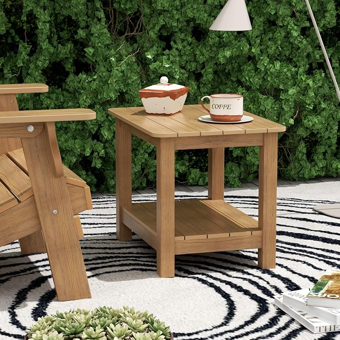 WestinTrends Tuscany Outdoor Side Table, All Weather HIPS 2 Tier Adirondack Small Patio Table with Storage, Teak
