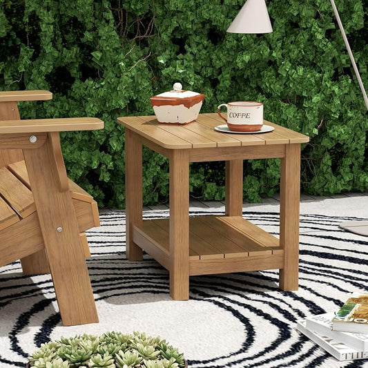 WestinTrends Tuscany Outdoor Side Table, All Weather HIPS 2 Tier Adirondack Small Patio Table with Storage, Teak