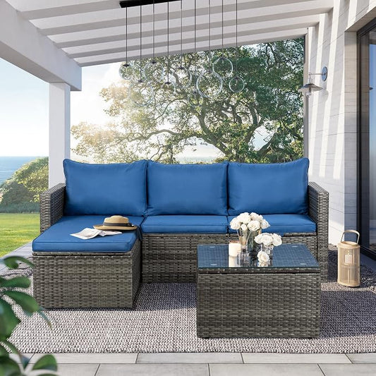 SUNLEI 3-Piece Patio Sectional Sofa, Patio Furniture Set with Detachable Soft Cushions, Outdoor PE Rattan Patio Conversation Sofa Set with Glass Coffee Table & Ottoman, Silver Rattan/Blue