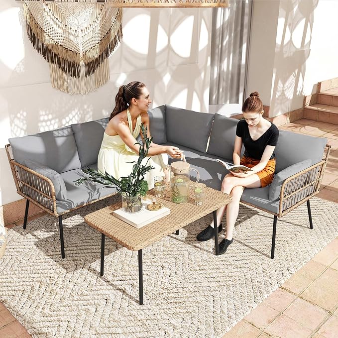 DWVO 4 Piece Patio Furniture Set with 5 Seater Outdoor Sectional with Thickness Cushions and Side Table All-Weather L-Shaped Sectional Conversation Sofa Set Outdoor Furniture Set for Backyard Porch