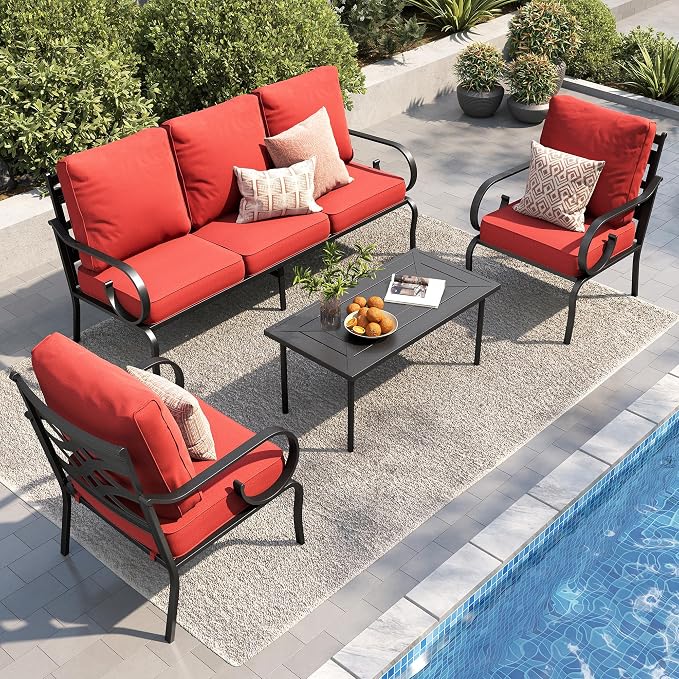 PHI VILLA Patio Furniture Set, 3-Seater Sofa, 2 Fixed Chairs, and a Coffee Table, Outdoor Metal Conversation Set with 5.75" Extra Thick Cushion for Garden Backyard Deck, Red