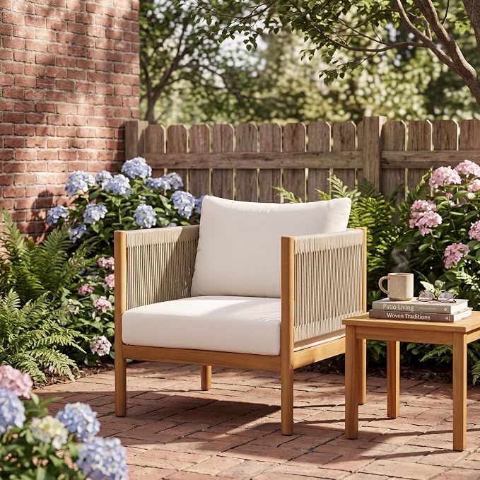 Merax Outdoor Club Chair with Acacia Wood Frame in Teak Look, Beige Rope Panels & Cream Water-Repellent Cushions for Patio & Garden