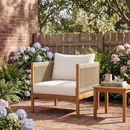 Merax Outdoor Club Chair with Acacia Wood Frame in Teak Look, Beige Rope Panels & Cream Water-Repellent Cushions for Patio & Garden