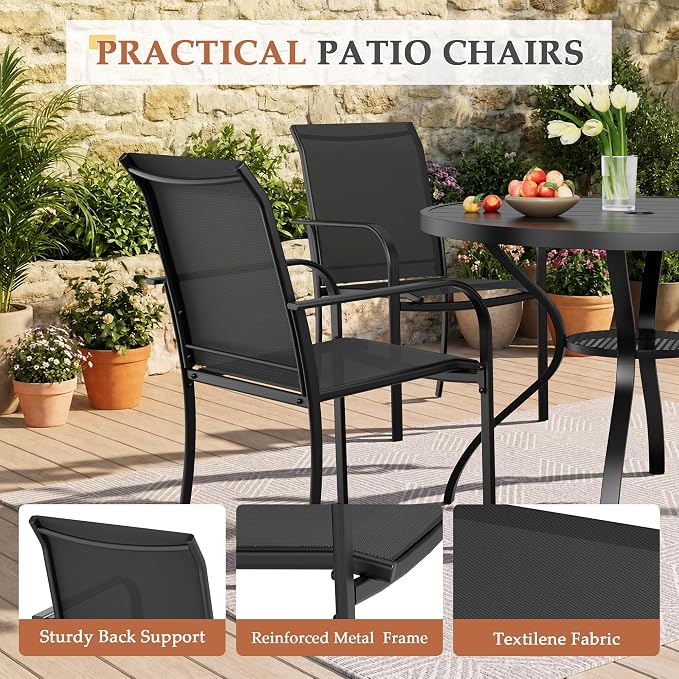 5-Piece Patio Dining Set,4 Person Outdoor Table and Chairs Set, 4 Metal Dining Chairs and Round Outdoor Table with 1.57" Umbrella Hole,Black