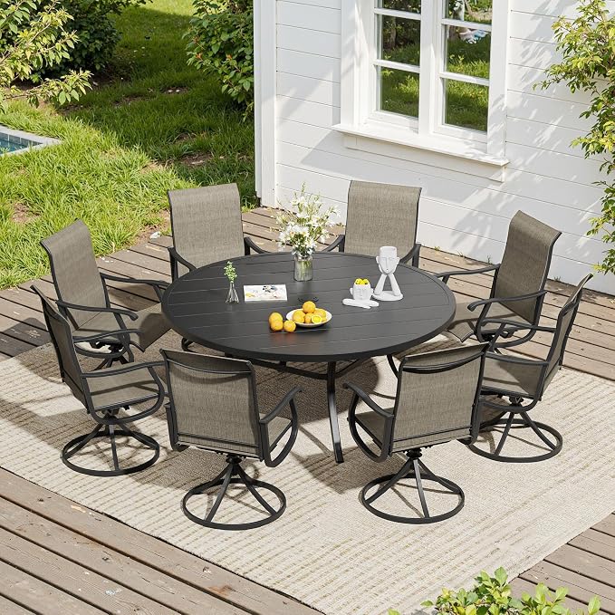 VICLLAX 9 Pieces Outdoor Dining Set, Patio Furniture Set of 8 Patio Swivel Dining Chairs and 60" Patio Round Table, Mixed Brown Chairs & Black Tabletop