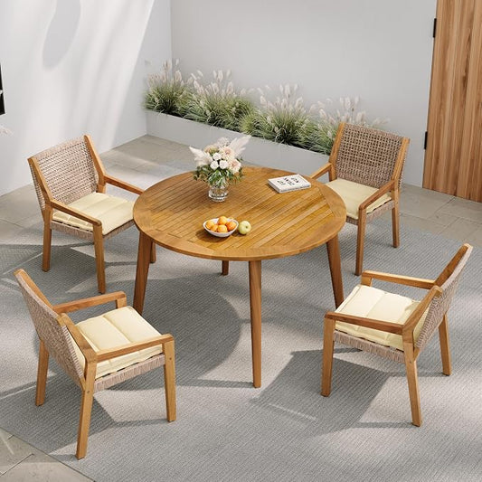 Christopher Knight Home Pelham Wooden Patio Dining Set for 4, Acacia Wood Outdoor Dining Table Set for 4, 5 Piece Outdoor Dining Set with Round Table and Armchair with Seat Cushion, Teak+Beige