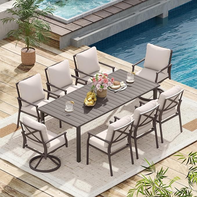 HAPPATIO Patio Dining Set, Powder-Coated Metal Outdoor Table and Chairs Set for 8, 6 Chairs and 2 Swivel Rockers with Thick Cushions, 80" Rectangular Table with 1.5" Umbrella Hole for Deck Yard