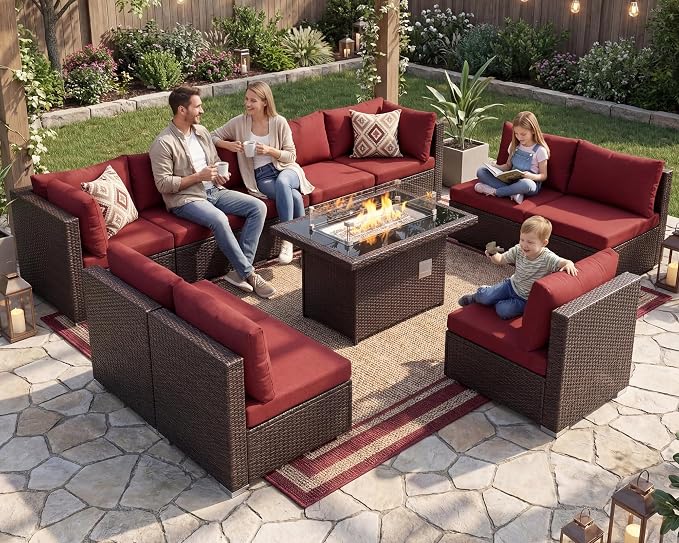 NICESOUL 11 Piece Modern Outdoor Patio Furniture Set with Firepit Propane/Natural Gas, 29.3'' High Back Wicker Conversations, 10 Seater Large Wide Sectional for Outside, Brown Rattan and Red Cushion