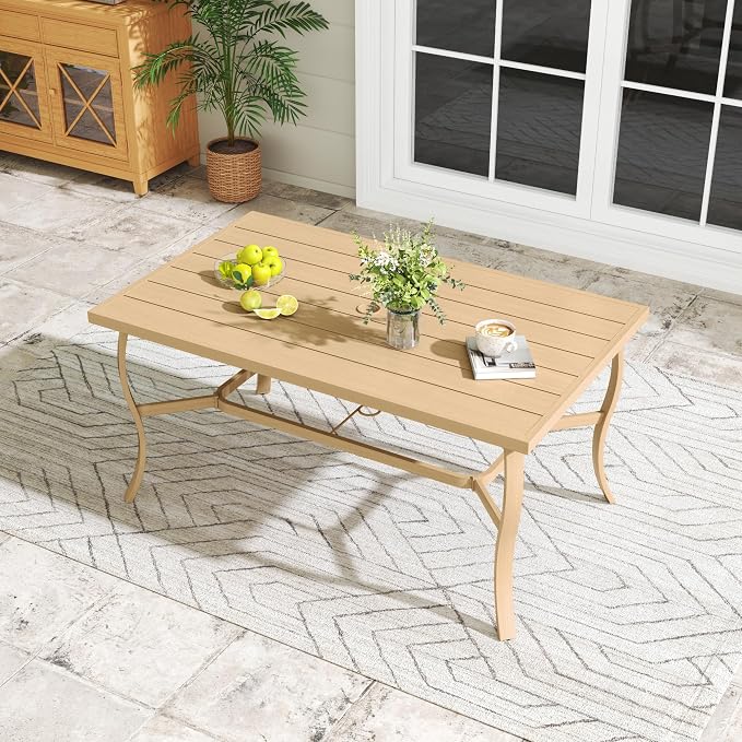 6-Person Outdoor Dining Table, Aluminum Rectangle Outdoor Dining Table with 2.2" Umbrella Hole, Rustproof Aluminum Patio Dining Table for 6, All-Weather for Garden Yard Poolside, Beige