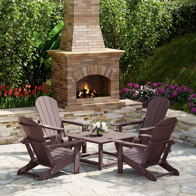 Costaelm Patio Conversation Set, 5 piece Balcony Furniture, Small Patio Firepit Furniture Outdoor Adirondack Square Coffee Table and Chair for Backyard Lawn Porch Pool Garden, Dark Brown