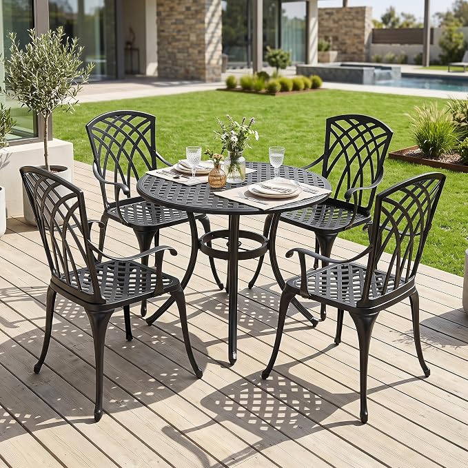 NUU GARDEN 5-Piece Outdoor Dining Set, 33" Cast Aluminum Dining Table with Umbrella Hole and 4 Cast Aluminum Chairs, Patio Table and Chair Set, Patio Dining Set for Poolside Deck Yard Balcony, Black