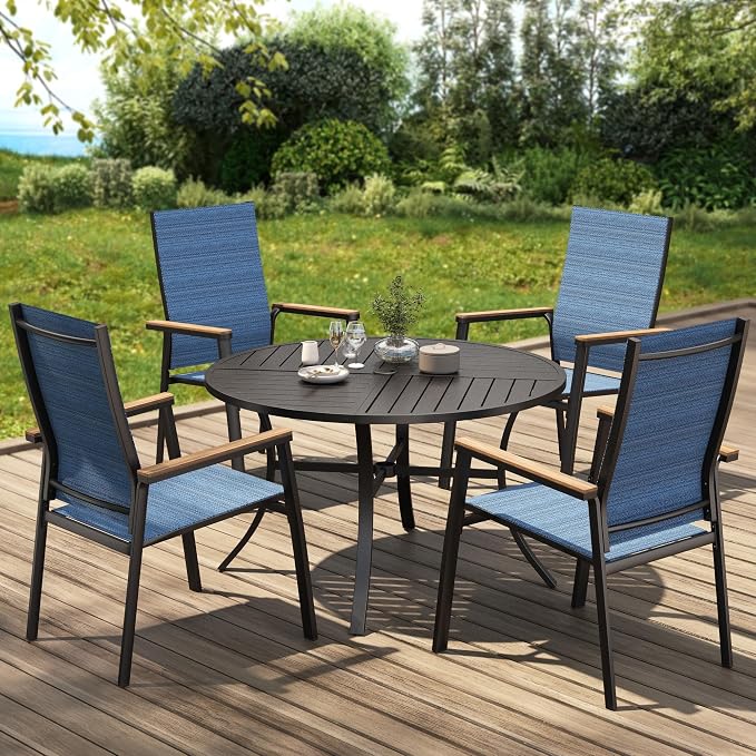 PHI VILLA Round Outdoor Dining Set for 4 with Aluminum Chairs, Blue | Stackbale chairs, Breathable & quick-drying sling, Light-weight & space-saving, Metal Table, Umbrella Hole, Patio deck