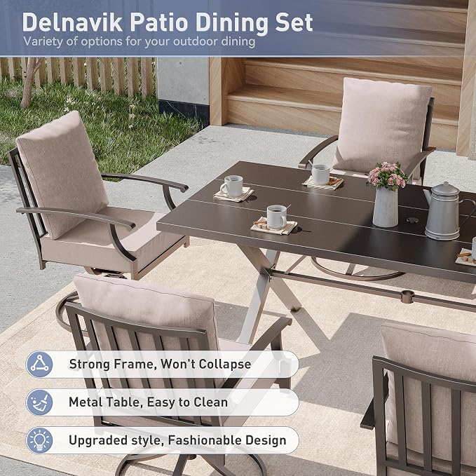 Kurapika 7 Pieces Patio Dining Set Outdoor Furniture with 6 Swivel Chairs, Metal Patio Furniture Set 6 Chairs and Large Table with Umbrella Cutout for Yard Porch Deck, Sand