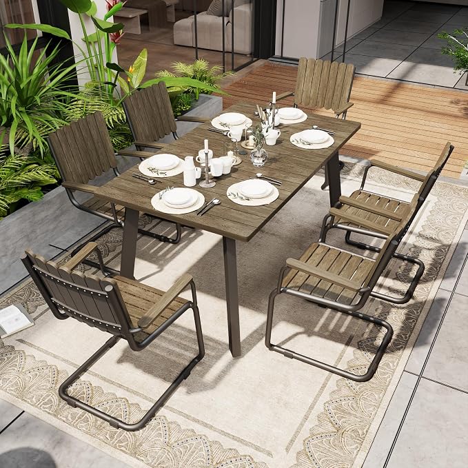 7 Piece Outdoor Conversation Set for 6, HDPE Patio Seating Set with Table and Chairs, All-Weather Outdoor Lounge Furniture with Umbrella Hole for Garden, Porch, Poolside, Gray
