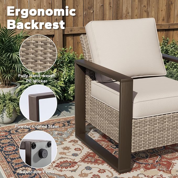 Joyside Outdoor Patio Chairs Set, 4 Pieces Wicker Rattan Chairs with Metal Wide Armrest, Thick Cushions and Deep Seating for Garden, Backyard, Porch, Deck
