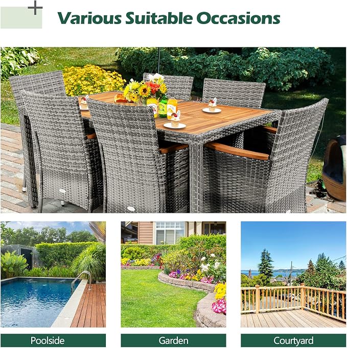7 Pieces Patio Dining Set Outdoor Dining Set, Wicker Patio Furniture Set with Acacia Wood Table and Chairs, Garden Dining Table Set for Backyard, Desk, Poolside, (Grey)