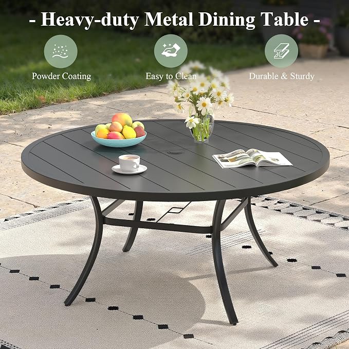 Outdoor Dining Set for 6, 50" Outdoor Dining Table with Umbrella Hole and Padded Textilene Patio Swivel Chairs, 7 Pieces Patio Table and Chairs Set for Garden Backyard, Dark Blue and Black