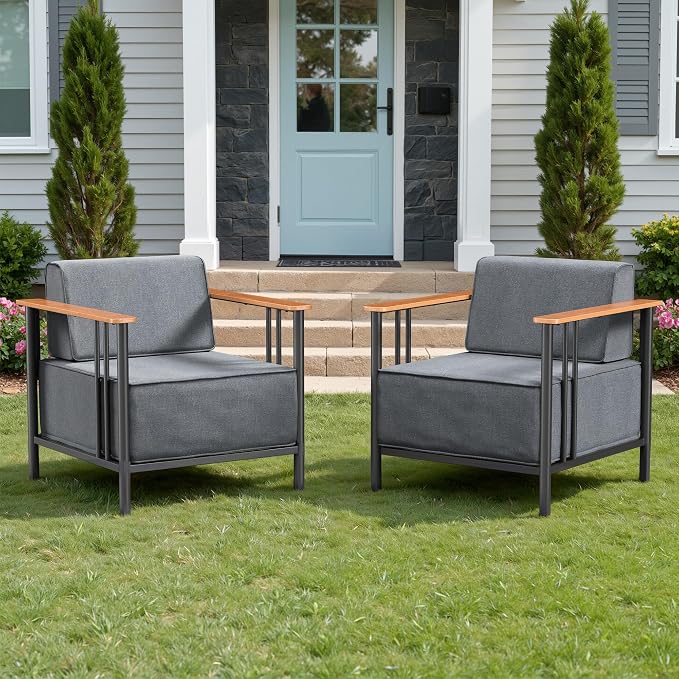 Luxury Patio Chairs Set of 2 with 10" Extra Thick Cushions, Outdoor Furniture with Rustproof Metal Frame and Olefin Fabric, Outdoor Patio Chairs for Porch, Balcony, Deck, Yard, Black/Grey