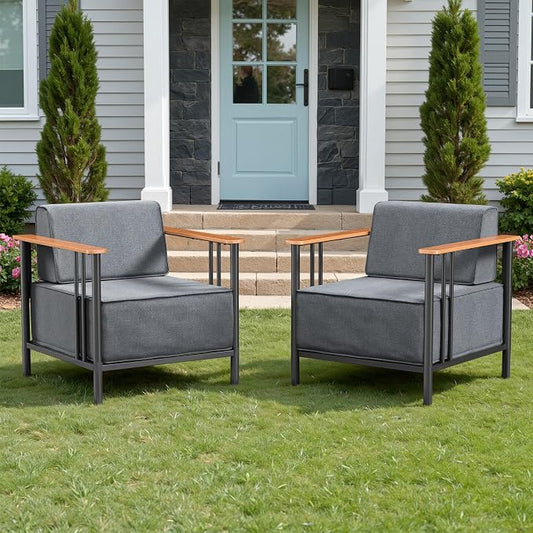 Luxury Patio Chairs Set of 2 with 10" Extra Thick Cushions, Outdoor Furniture with Rustproof Metal Frame and Olefin Fabric, Outdoor Patio Chairs for Porch, Balcony, Deck, Yard, Black/Grey