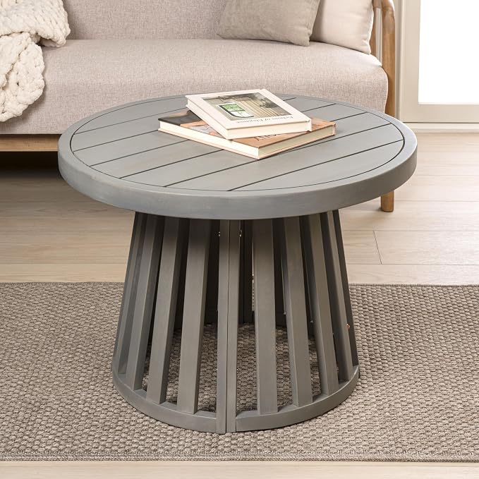 JONATHAN Y Solanya 28" Round Acacia Wood Outdoor Coffee Table with Slatted Tapered Base, Weather-Resistant Solid Wood Center Table for Patio, Garden, Deck, Gray Wash END7000B