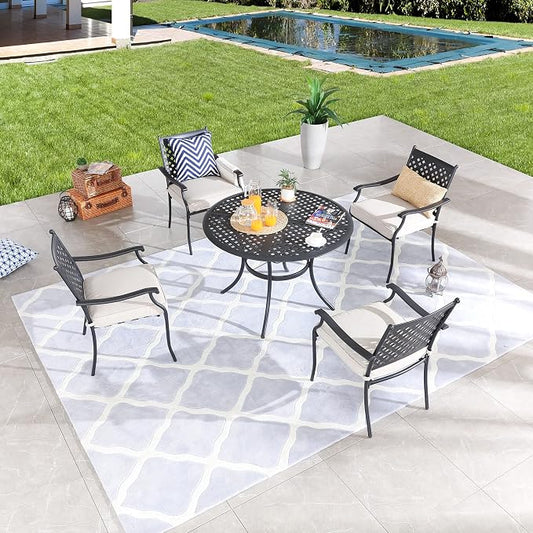 LOKATSE Home 5 PCS Outdoor Patio Dining Set with 4 Armchair with Cushions and 1 Round Table with 2.04" Umbrella Hole for Garden Backyard Poolside