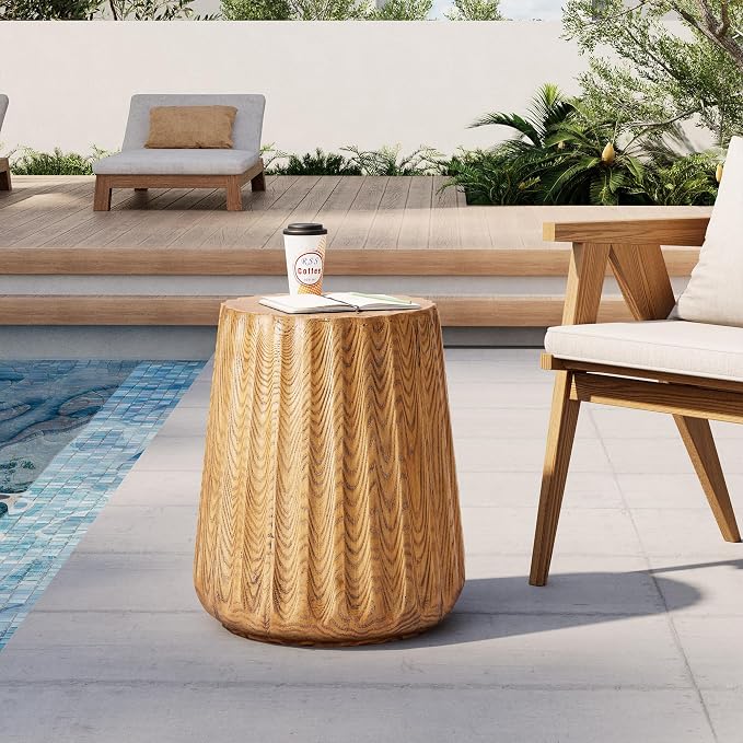 HOMPUS Outdoor Side Table Round, Concrete Lightweight MgO End Table Faux Wooden, Patio Accent Coffee Table Garden Tool for Patio, Porch and Deck, Light Oak