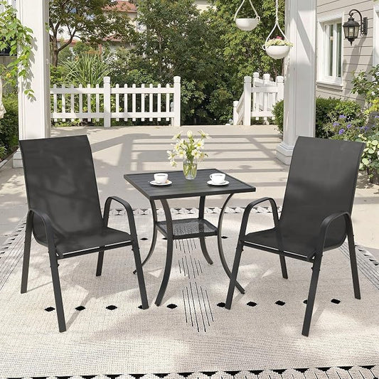 3 Pieces Outdoor Dining Set, 27.5" Square Table & Stackable Patio Dining Chairs, Patio Table and Chairs Set for Deck Garden Porch, Black Chairs & Black Table
