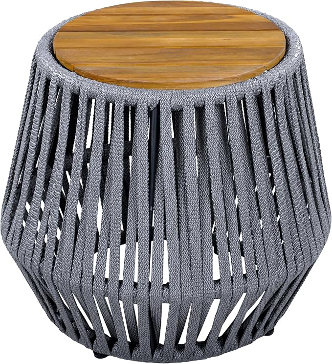 Christopher Knight Home Outdoor Side Table with Rope and Acacia Wood - Teak Finish, 100 LBS Capacity, Weather-Resistant Rope Design for Patio, Deck, Balcony - 21.26" W x 18.11" H, Grey