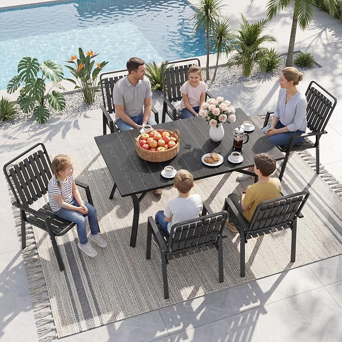 63'' Outdoor Dining Table for 6, Black Metal Patio Dining Table with 1.97'' Umbrella Hole,Anti-Rust Waterproof Square Table for Porch Deck Poolside Garden Backyard