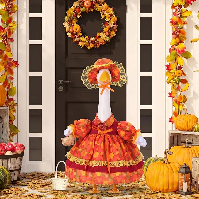FuWeave Fall Porch Goose Outfit Maple Goose Costume Fancy Porch Geese Clothes with Wide Hat for 23" 17" Outdoor Patio