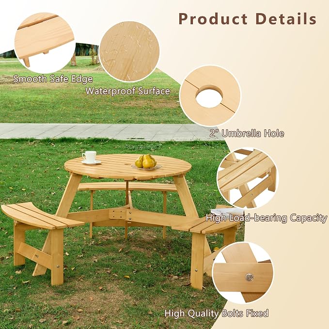 6 Person Wood Dining Table, Outdoor Round Picnic Table with 3 Built-in Benches, Umbrella Hole, Outside Patio Backyard Table and Bench Set, 500lbs Capacity Per Bench (Oak)