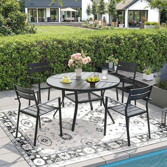 DIFY 5 Piece Outdoor Patio Dining Set for 4, 40.6" Round Dining Table with Umbrella Hole and Stackable Metal Chairs, Patio Table and Chairs Set for Backyard Garden Poolside, Black