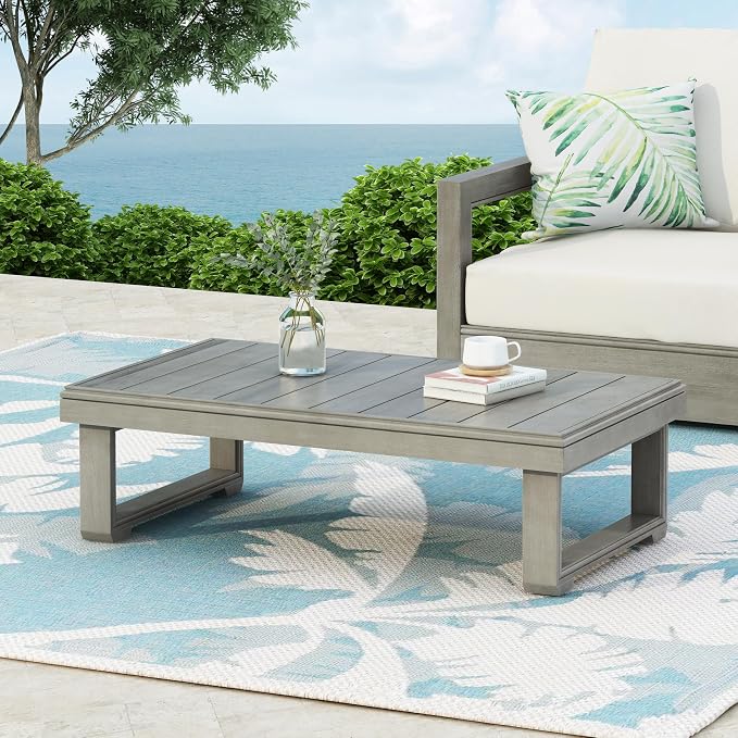 Christopher Knight Home Westchester Rectangular Outdoor Coffee Table, Slat Panel Side Table, Acacia Wood Side Desk for Backyard Balcony Garden, Weather Resistant Patio Tea Table, Light Grey